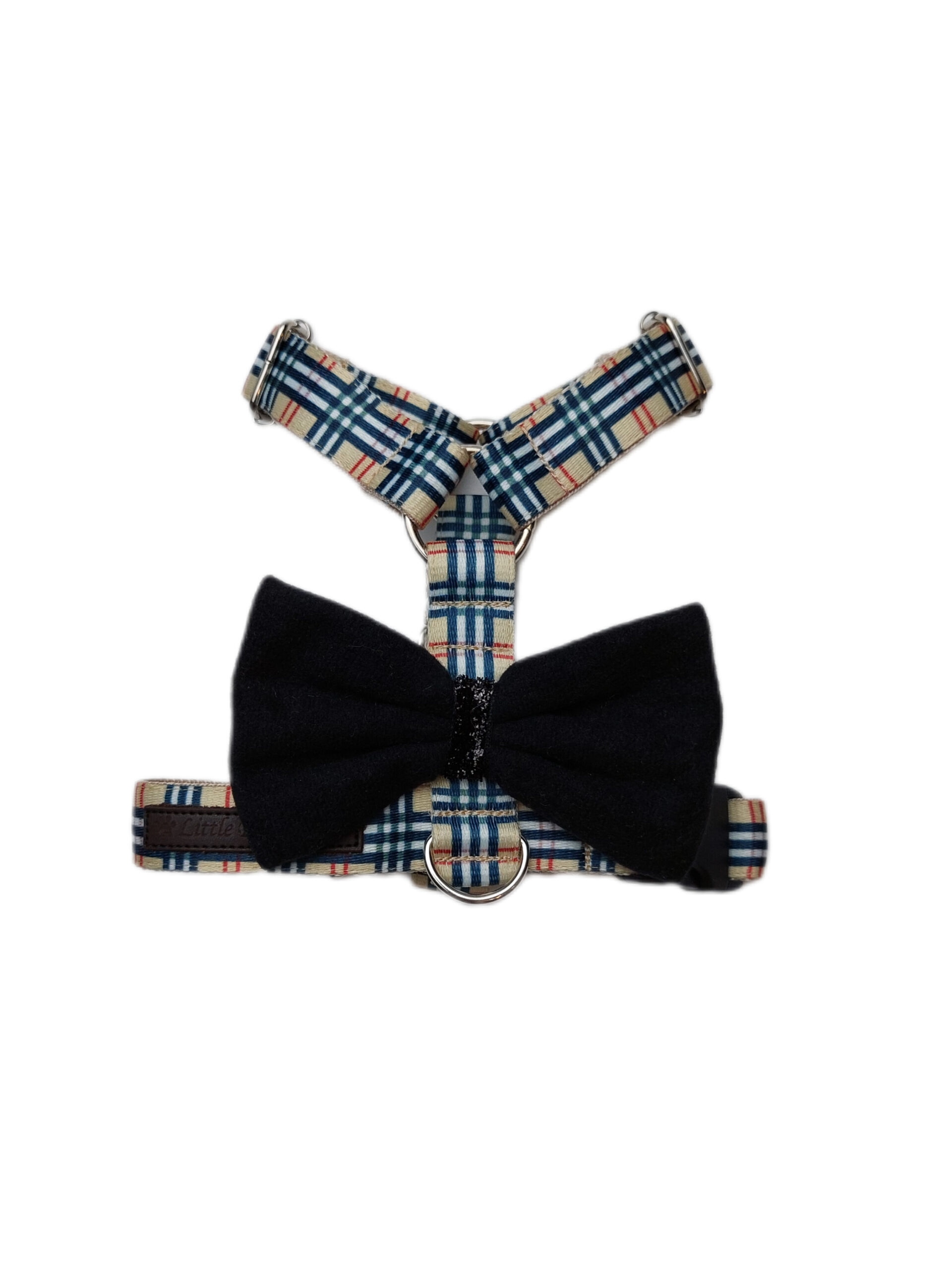 Szelki Tofi beżowa kratka z czarną kokardką