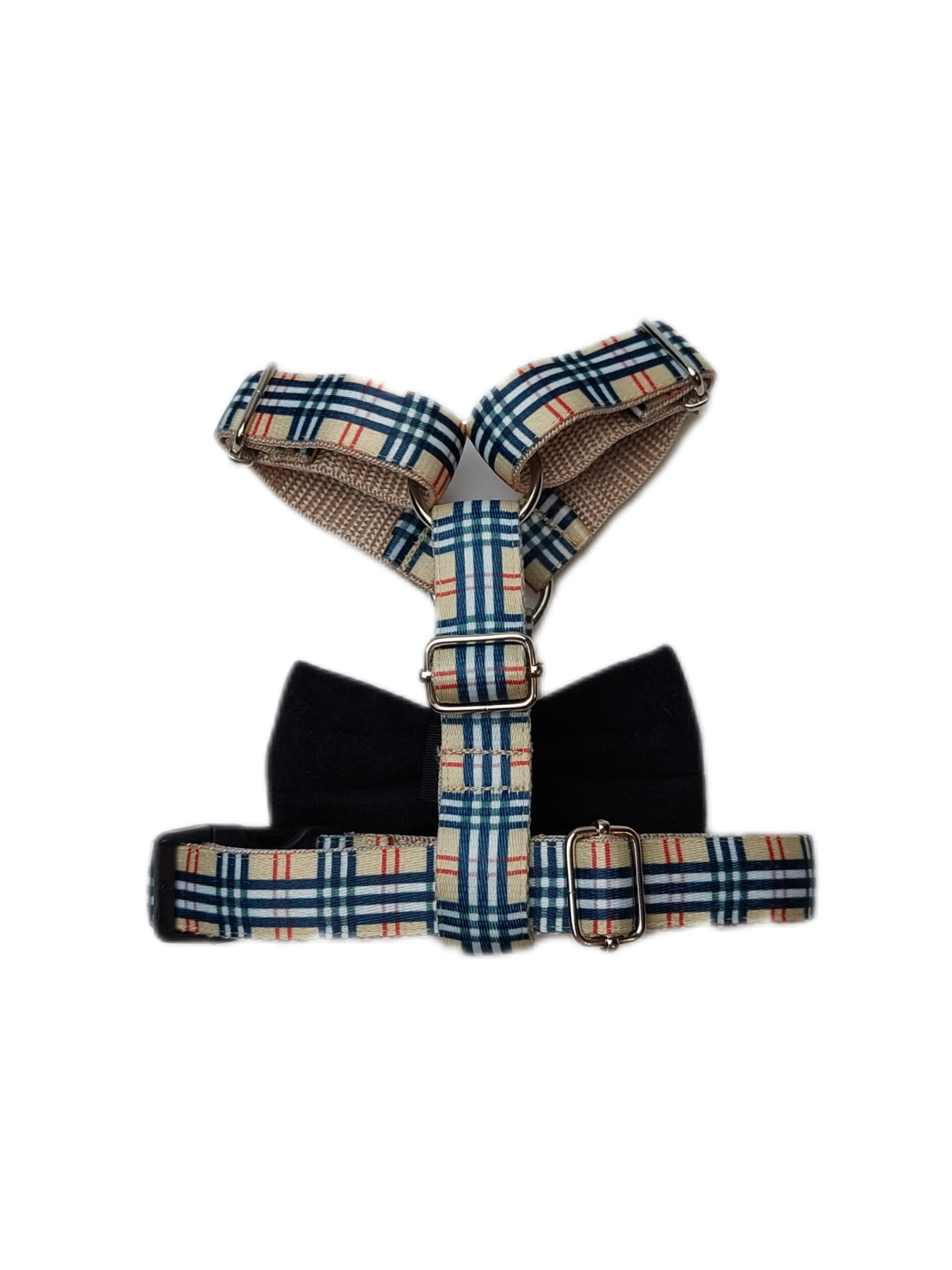 Szelki Tofi beżowa kratka z czarną kokardką - obrazek 2